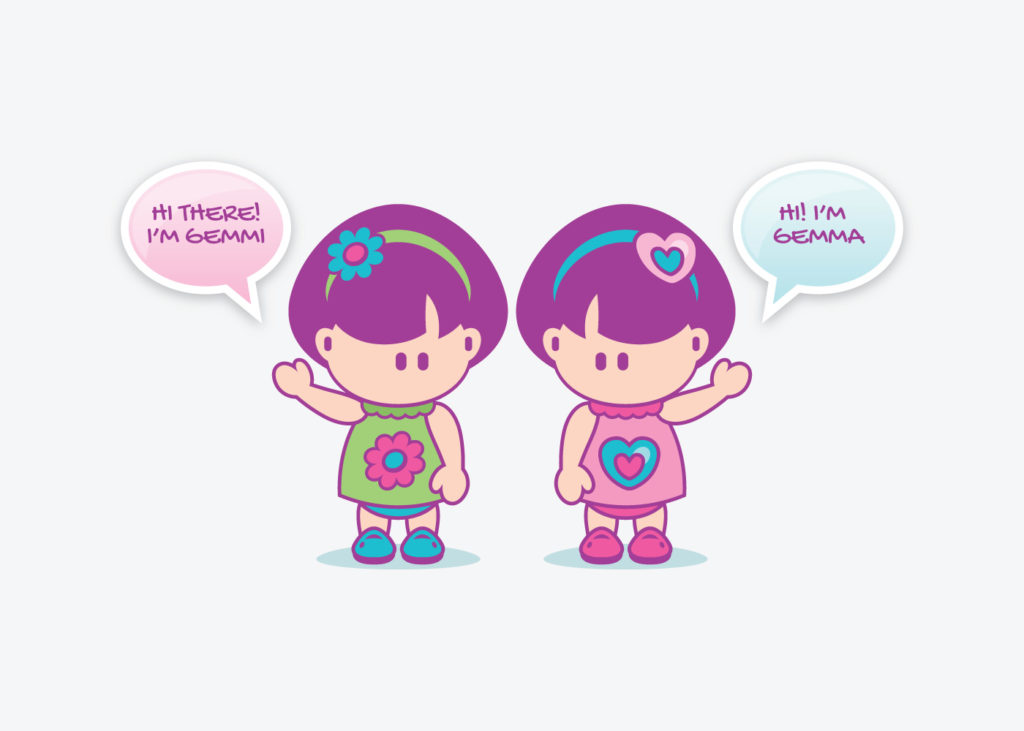 Gemmi and Gemma, Gemelitas Mascot Characters, designed by Andres D'Imperio