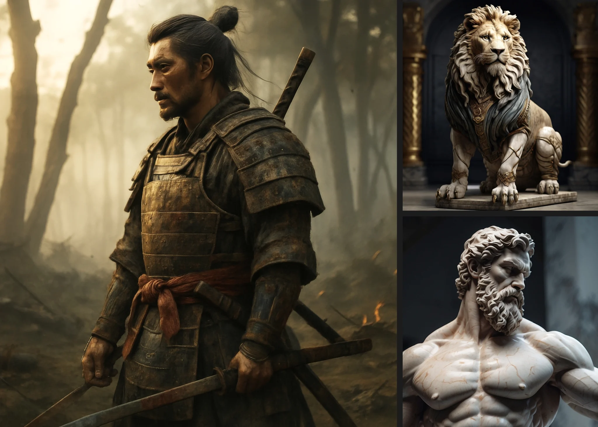 AI Portfolio Work - Samurai Warrior, Lion Statue and Hercules Sculpture